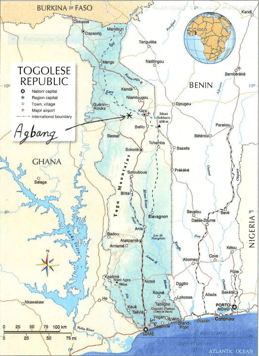 A detailed political map of Togo, ideal for a school project on Togo, showing cities, major roads, airports, rivers, and borders with Burkina Faso, Ghana, Benin, and Nigeria. An inset globe highlights Togo’s location in West Africa.