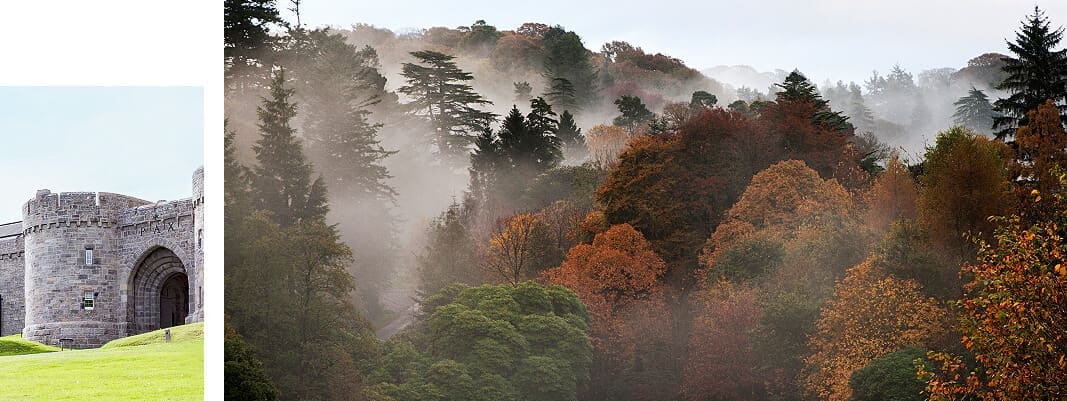 A stone castle, reminiscent of Glenstal School, sits on a grassy hill to the left, whilst a misty forest with tall, colourful autumn trees stretches across the right side of the image.