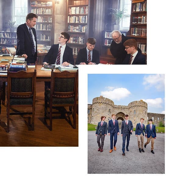 Two images: Top left—four Glenstal School students in suits sit at a library table with two adults standing nearby, surrounded by bookcases; Bottom right—five young men in suits walk outside near a stone castle.